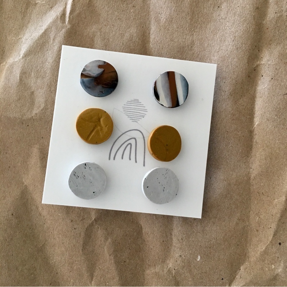 Handmade Clay Stud Earrings, Lightweight, Neutrals (Set/3)
